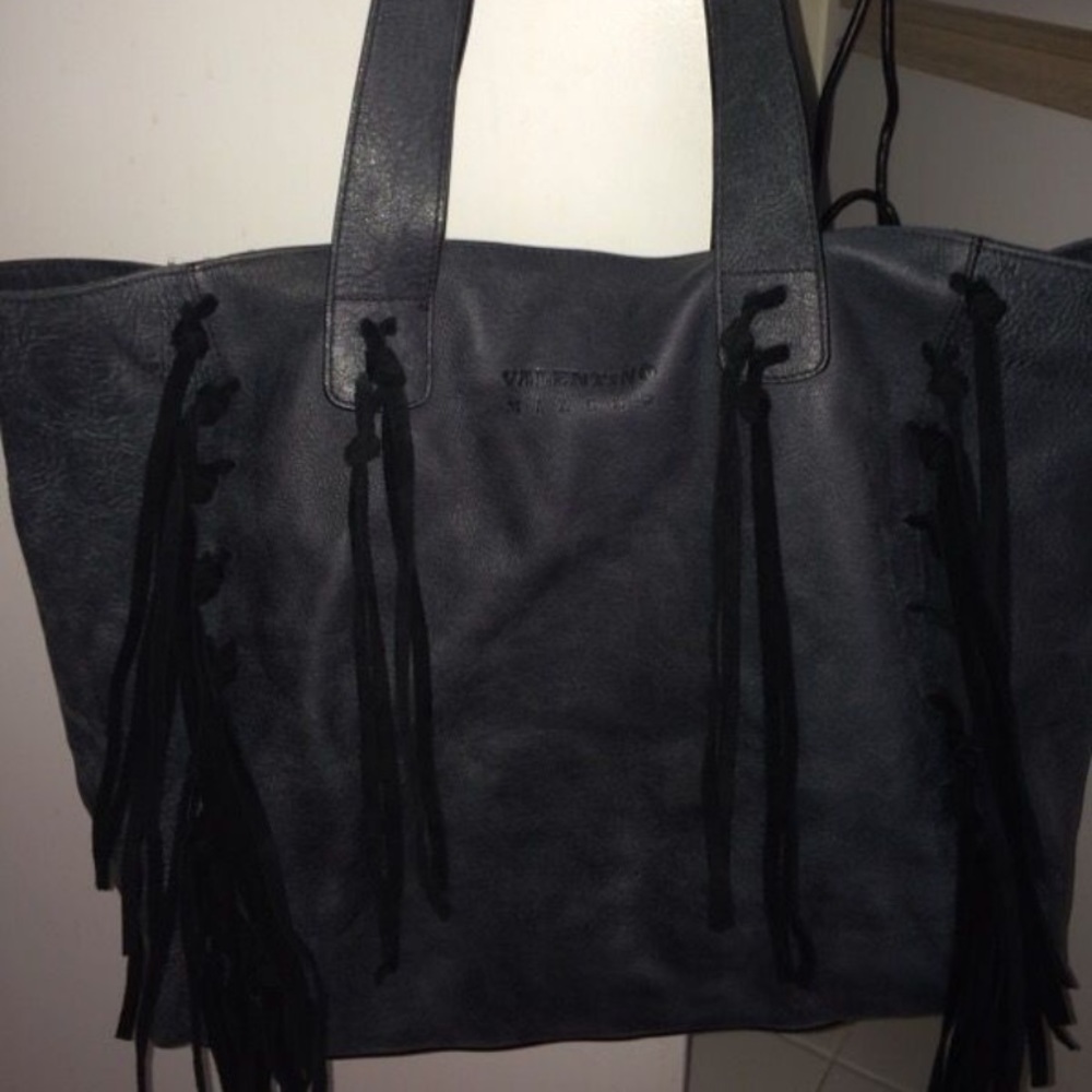 Valentino C-Rockee black fringe tote purse large